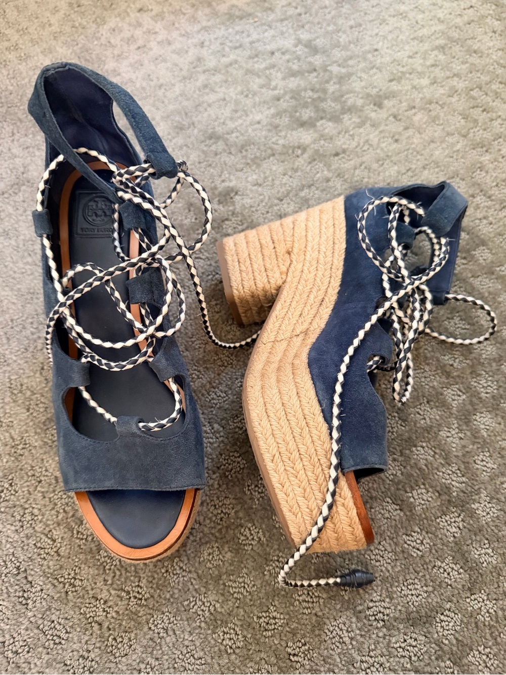Tory Burch Navy Suede Espadrille Lace-Up Platform Wedges 8